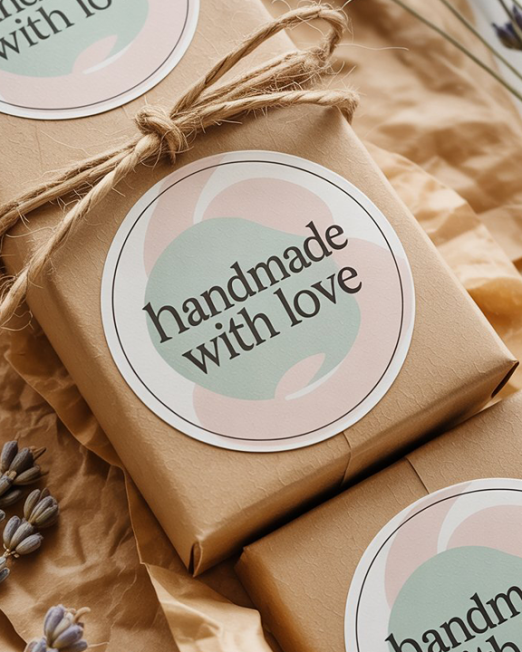 A circular brand seal sticker with a minimalist natural design, placed on kraft paper packaging to close a tissue-wrapped product. The sticker features soft earthy colors and clean typography, styled with twine and dried flowers for an eco-friendly, handmade aesthetic.