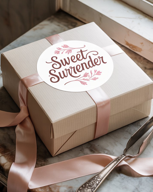 A circular brand seal sticker with a minimalist natural design, placed on cake box.