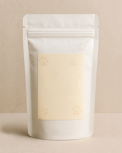 A digital photograph showcases a white, matte-finish stand-up pouch with a centered blank 3x5-inch label. The pouch features a zip-lock top and is placed against a warm, textured beige background, highlighting the clean, professional look of the packaging.
