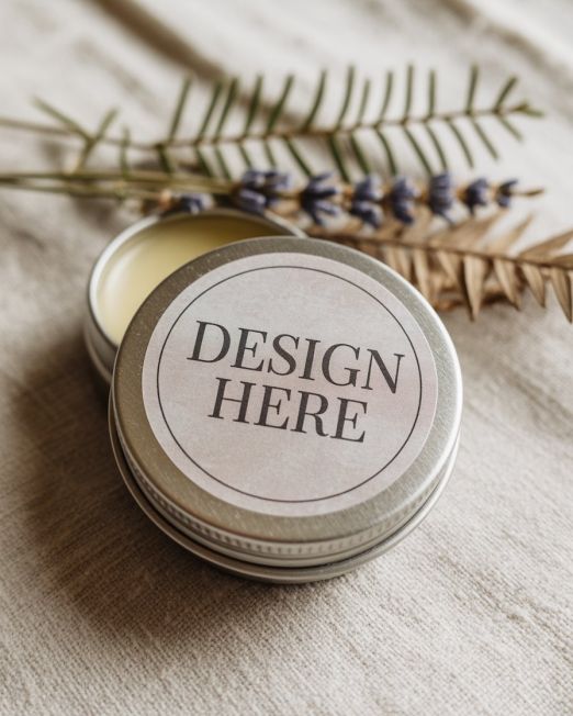 A circular brand seal sticker with a minimalist natural design, placed on kraft paper packaging to close a tissue-wrapped product. The sticker features soft earthy colors and clean typography, styled with twine and dried flowers for an eco-friendly, handmade aesthetic.
