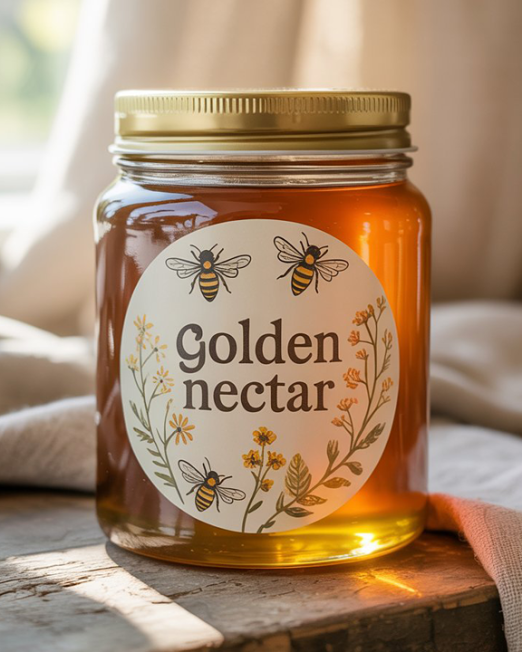 A glass honey jar with a gold lid featuring a circular label on top, designed with hand-drawn bees and honeycomb patterns in warm golden and cream tones. The jar sits on a rustic wooden surface, styled with natural lighting for a handmade, artisanal presentation.