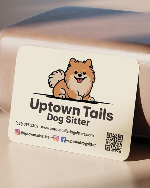 Rectangular 2x3 business sticker for Uptown Tails Dog Sitter featuring contact information, social media icons, a QR code, and a playful dog graphic on a clean pastel background.