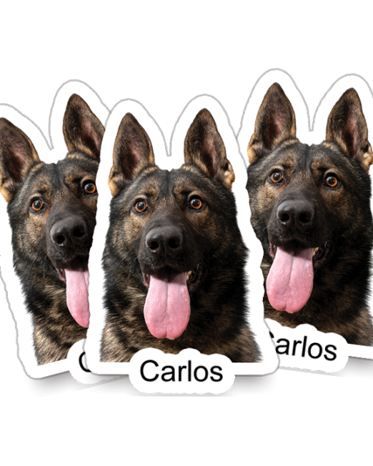 Custom head dog sticker showing a playful dog illustration with a white border, printed on weatherproof vinyl and placed on a neutral background."